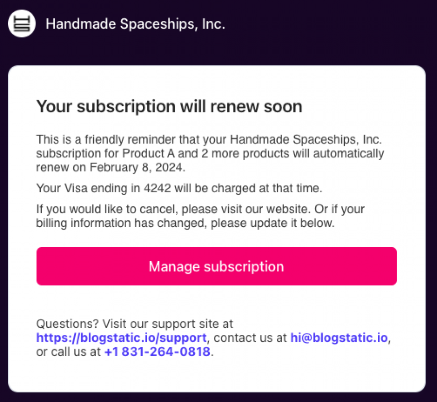 stripe email notifying the customer about the upcoming charge